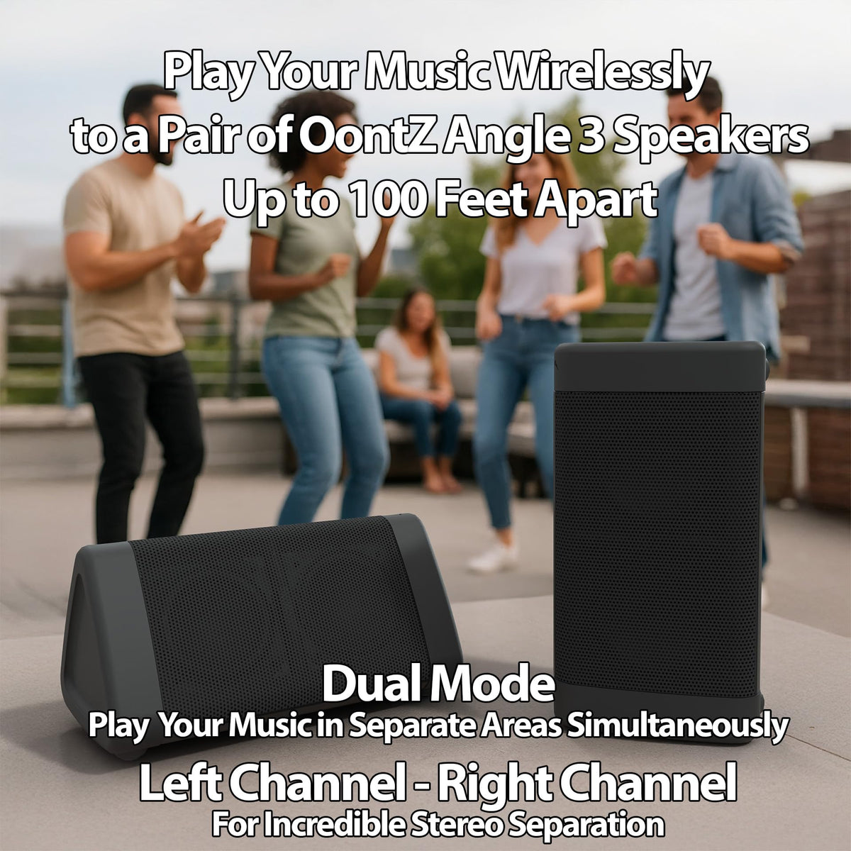 Two Cambridge Soundworks speakers paired outdoors providing wide stereo coverage