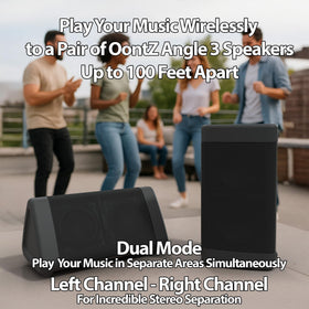 Two Cambridge Soundworks speakers paired outdoors providing wide stereo coverage