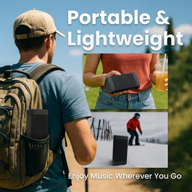 Cambridge Soundworks speaker with water splash showing splashproof confidence outdoors