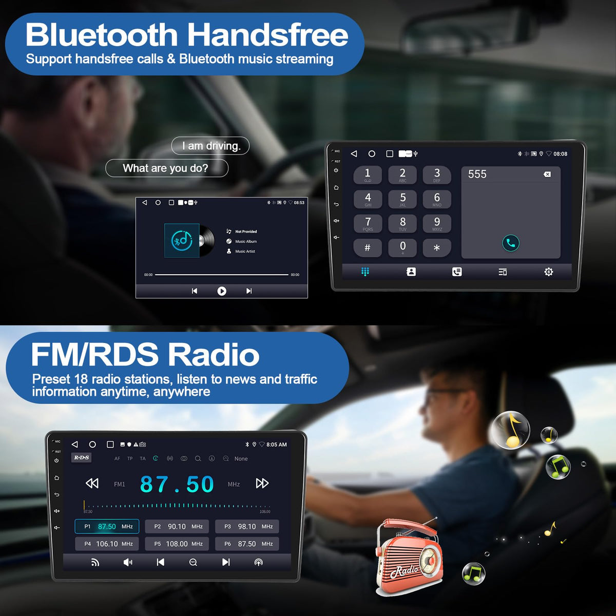 CAMECHO Bluetooth and FM RDS enable hands-free calls and music