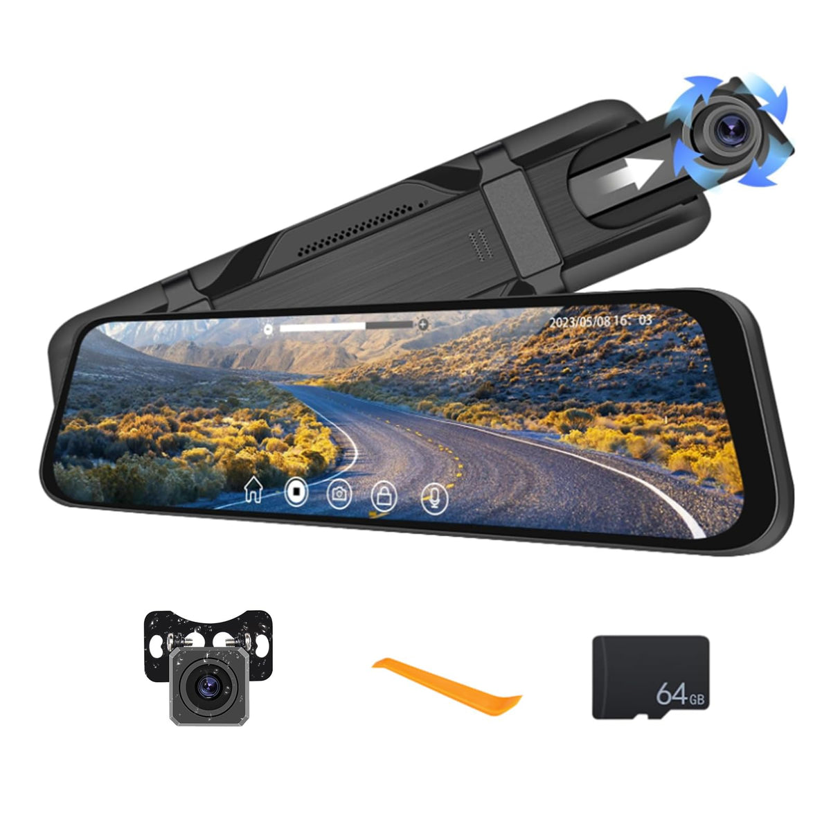 CAMECHO mirror front display showing dual camera views and clearer driving visibility