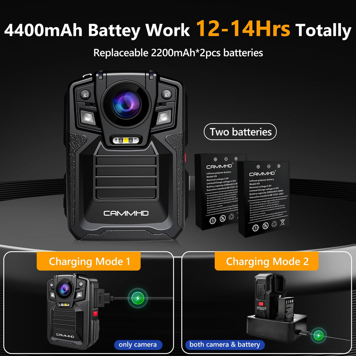 CAMMHD V8 two-battery system supports extended shifts with a convenient charging dock.