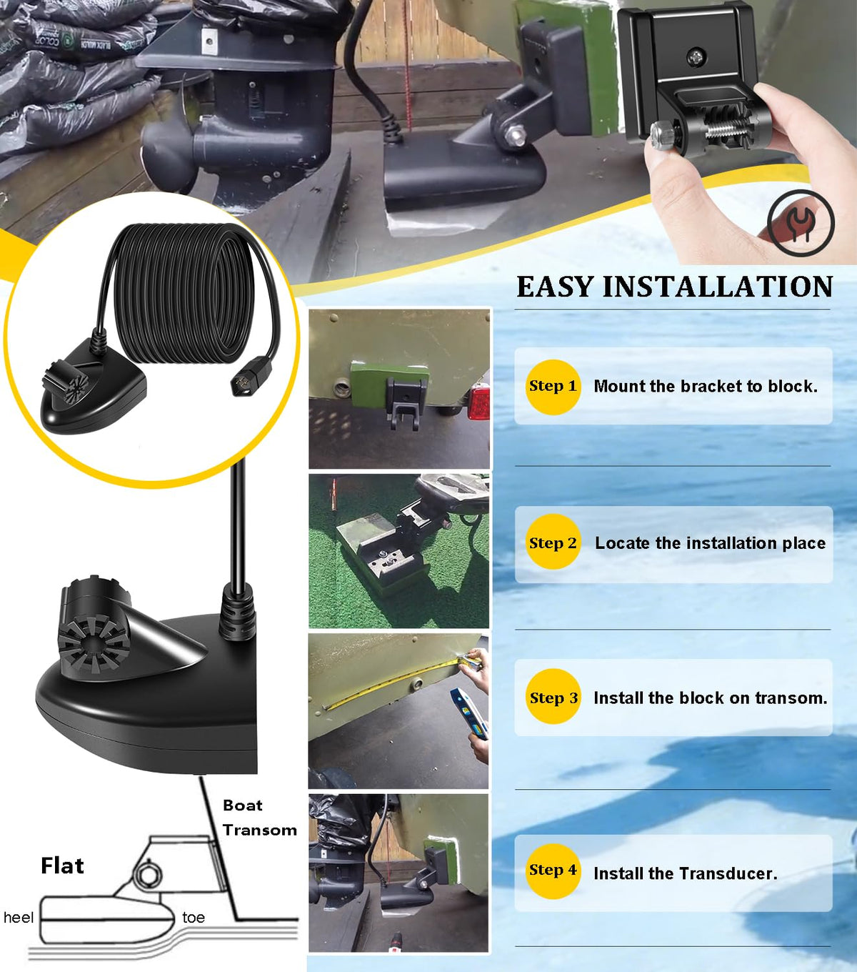 Camoo adjustable two-slot transom mount aligns transducer precisely