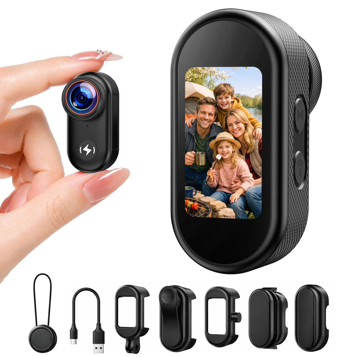 CAMWORLD 4K mini body camera with display for real-time framing.