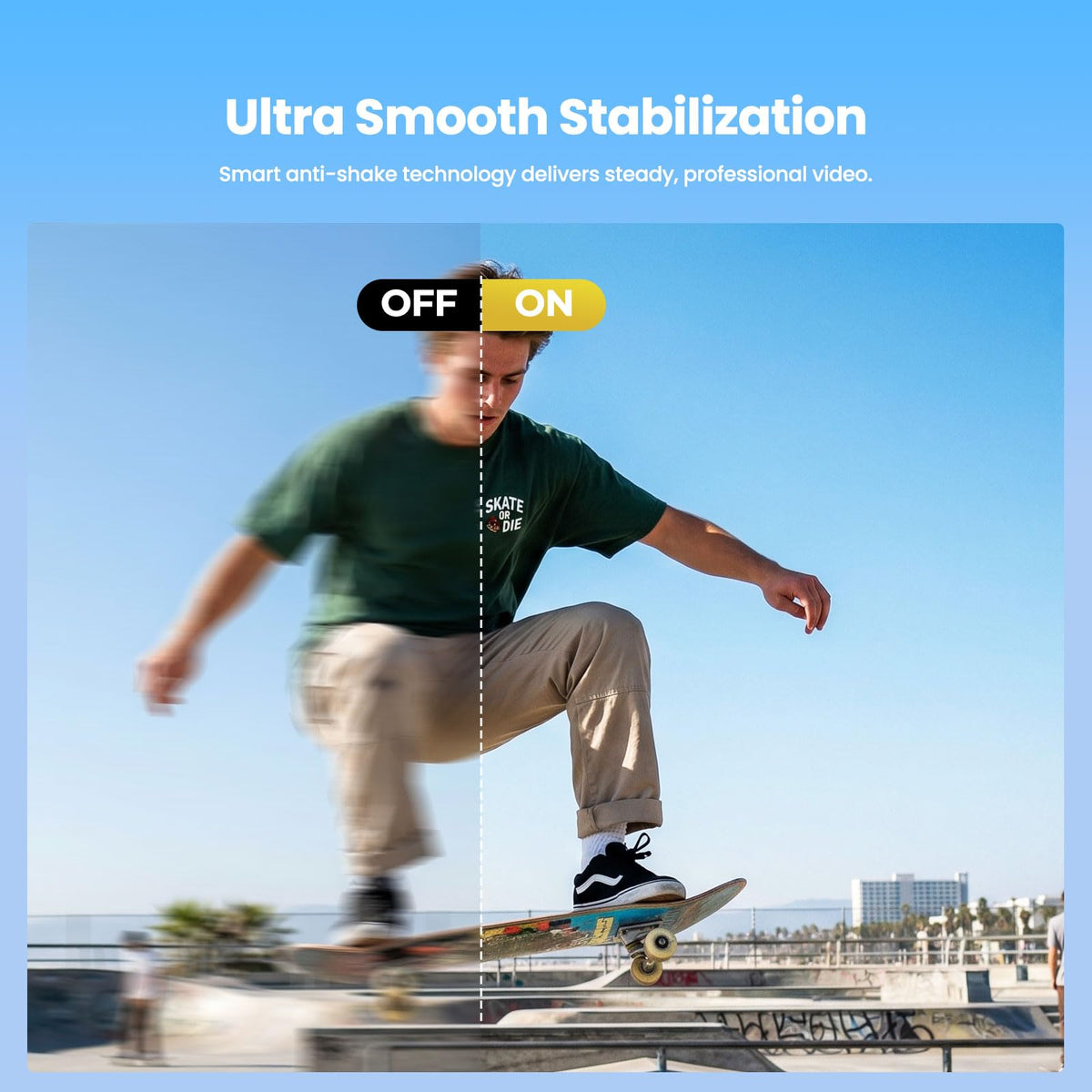 CAMWORLD with EIS stabilization and WiFi app control for steadier clips and easy sharing.