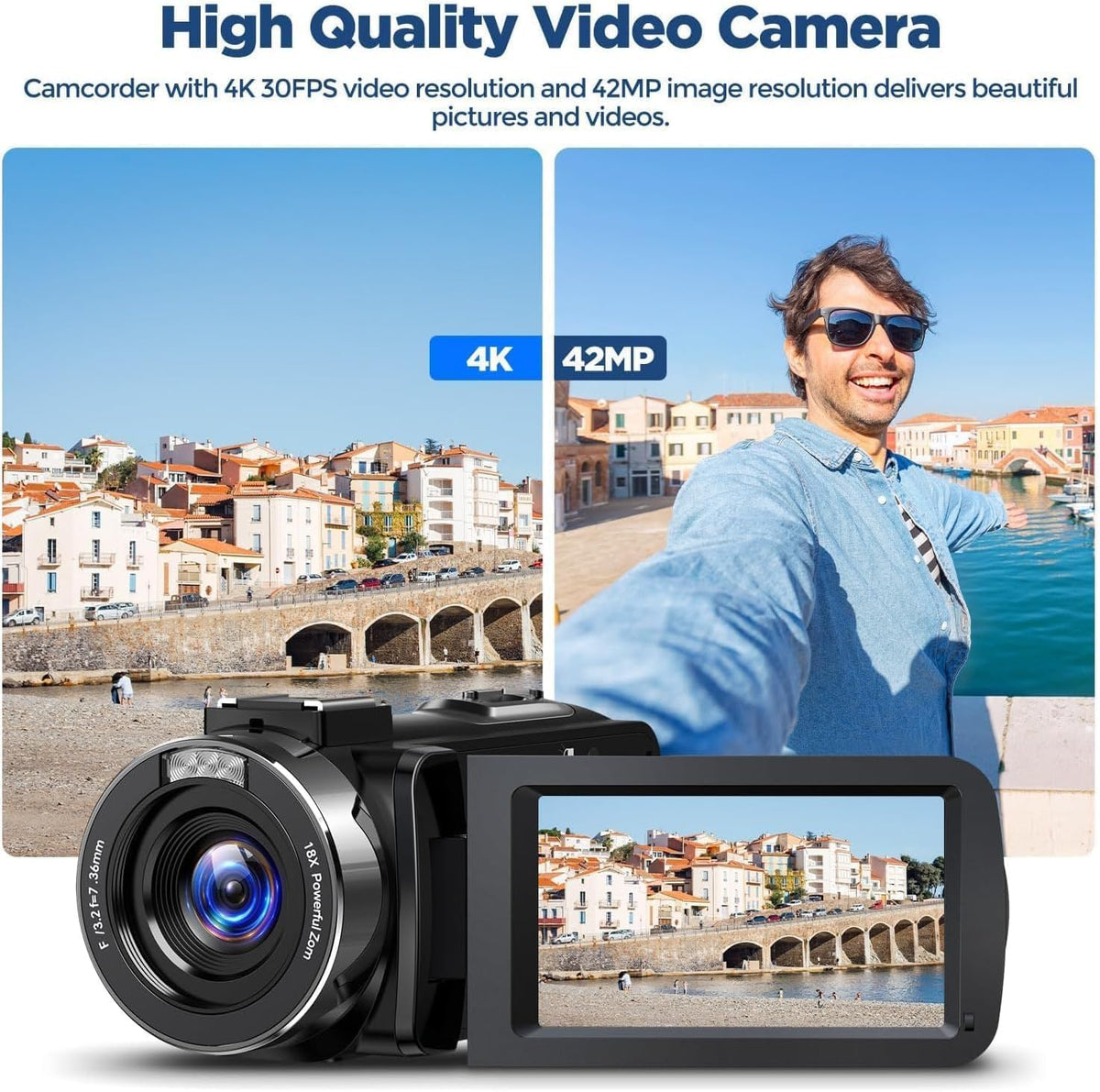 CamWORLD camcorder with built-in LED light for improved low-light filming.