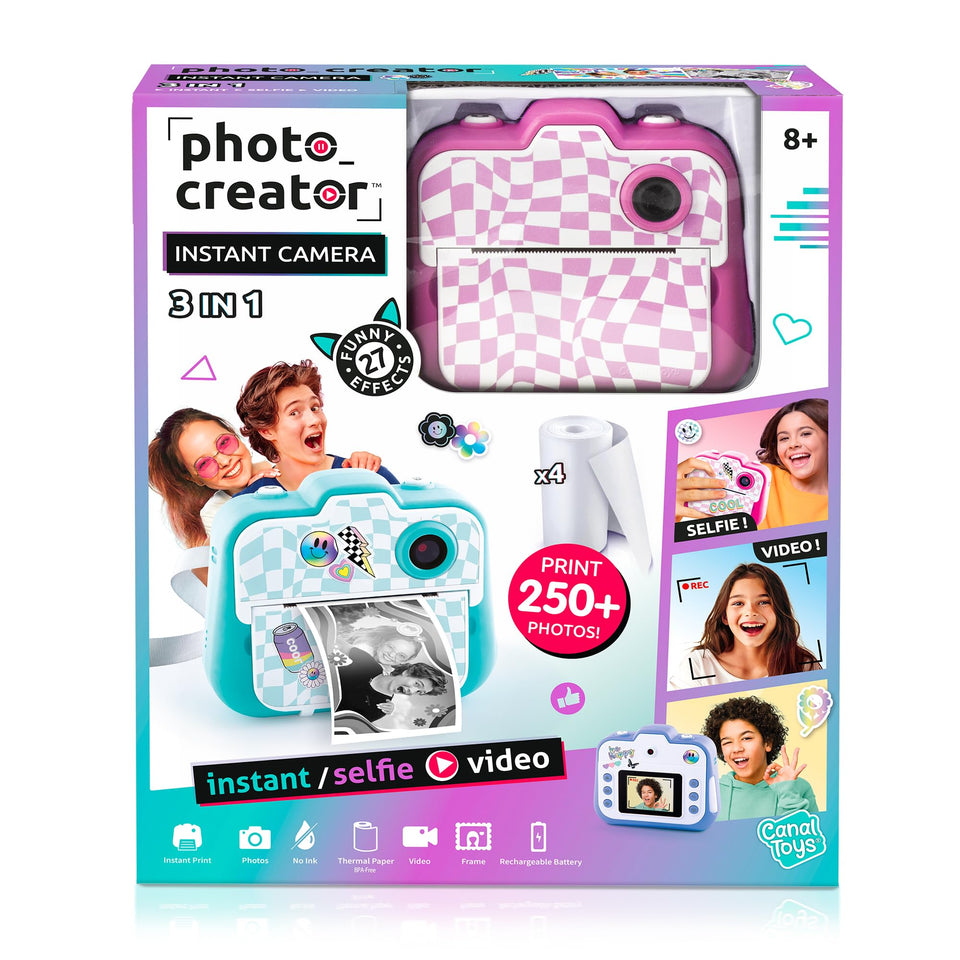 Canal Toys Photo Creator 3-in-1 pink camera front view for easy kid-friendly selfies.