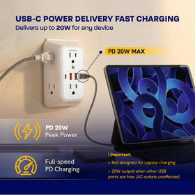 Canamax top view highlighting 6 AC outlets and 4 USB ports for dorms and offices
