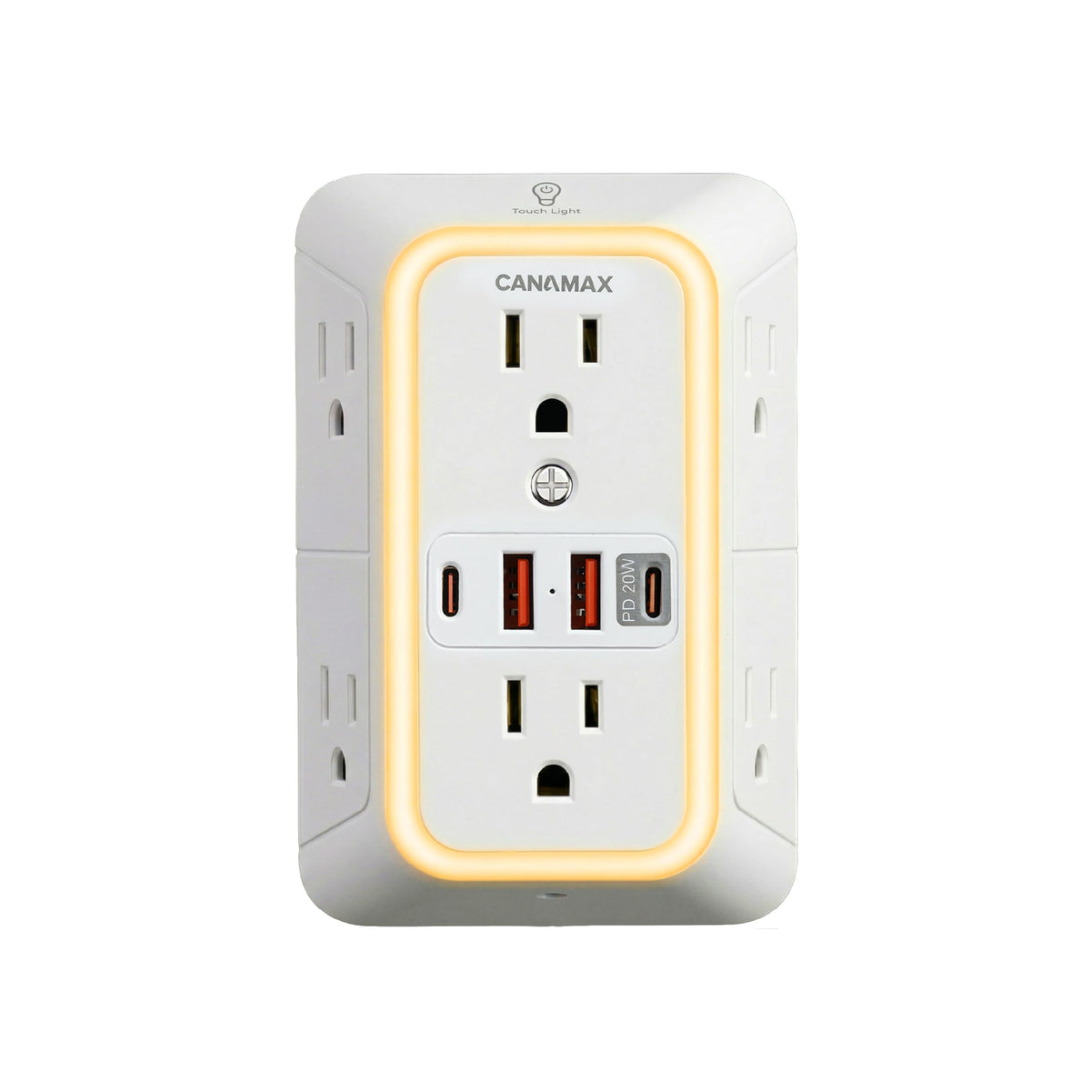Canamax multi-plug extender front view with 6 outlets and 4 USB ports for convenient charging