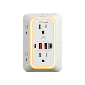 Canamax multi-plug extender front view with 6 outlets and 4 USB ports for convenient charging