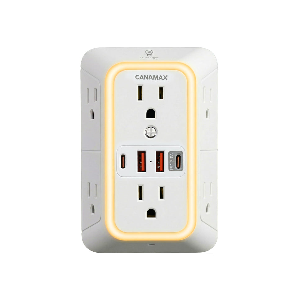 Canamax multi-plug extender front view with 6 outlets and 4 USB ports for convenient charging