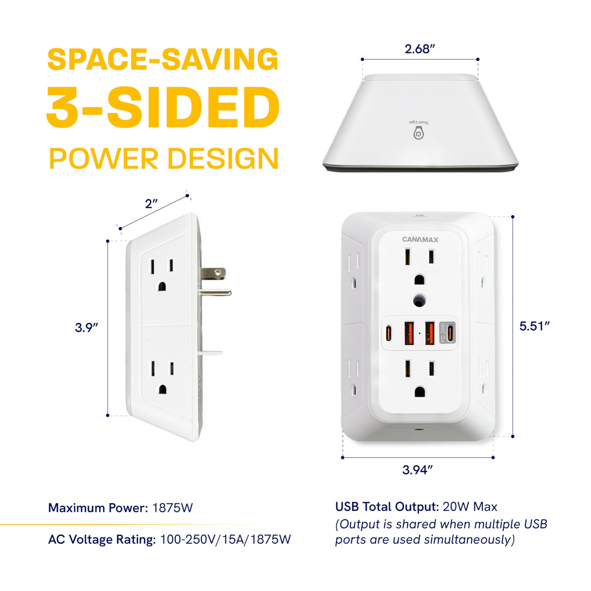 Canamax compact design showing space between outlets to fit bulky adapters