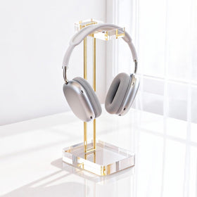 CANCLEAR Headphone Stand with crystal-clear acrylic and gold hardware for stylish desk organization