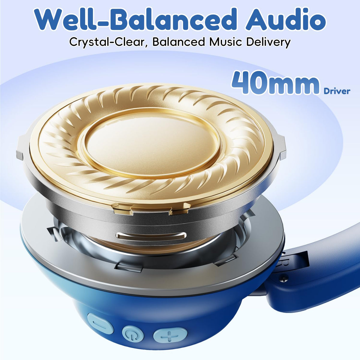 Candy Bila Active Kids headphones headband, gradient blue, breathable design reduces heat during flights.