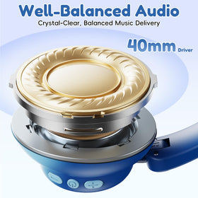 Candy Bila Active Kids headphones headband, gradient blue, breathable design reduces heat during flights.
