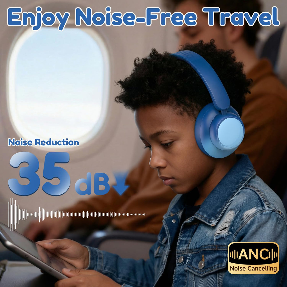Candy Bila Active Kids headphones side view, gradient blue, comfortable fit for long rides.