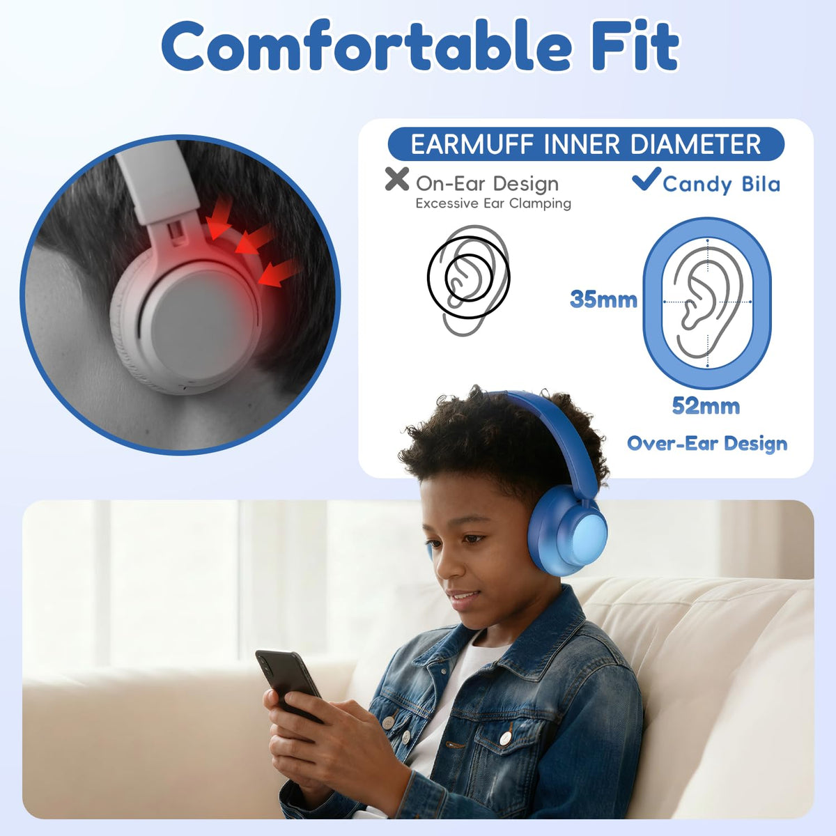 Candy Bila Active Kids headphones USB-C cable included, gradient blue, reliable wired option when needed.