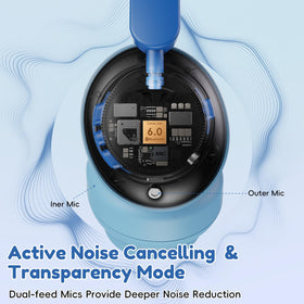 Candy Bila Active Kids headphones wearing with tablet, gradient blue, seamless wireless connection on the go.