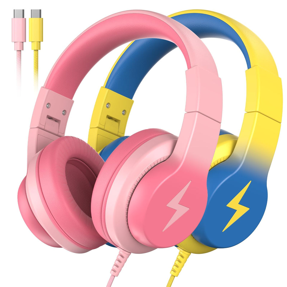 Candy Bila front view of two-pack colorful headphones showing safe design benefits