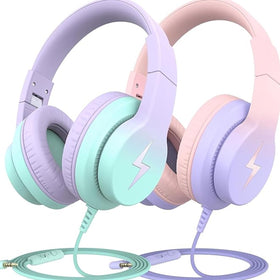 Candy Bila front packaging showing two foldable kids headphones and included features for safe use