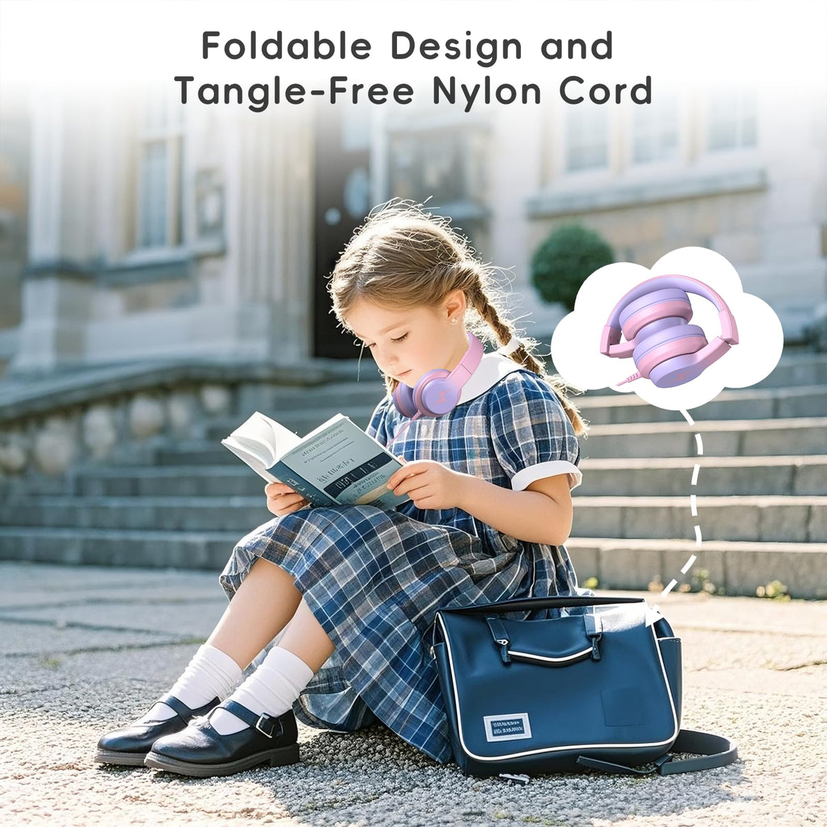 Candy Bila headphones shown next to a toy to indicate child-sized fit benefit