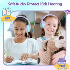 Candy Bila Kids Headphones with mic close-up highlighting built-in microphone for online classes.
