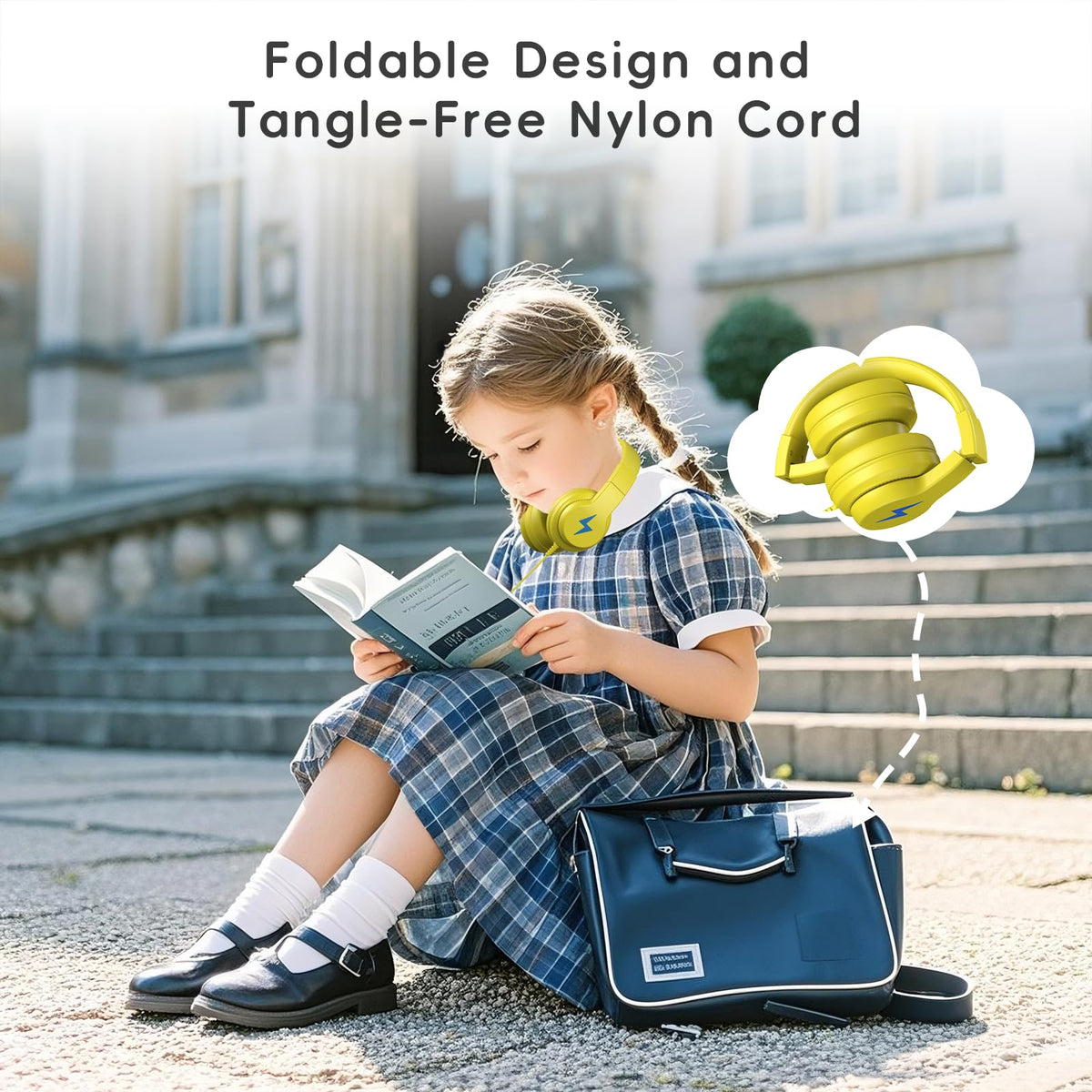 Candy Bila Kids Headphones yellow foldable design for compact storage.