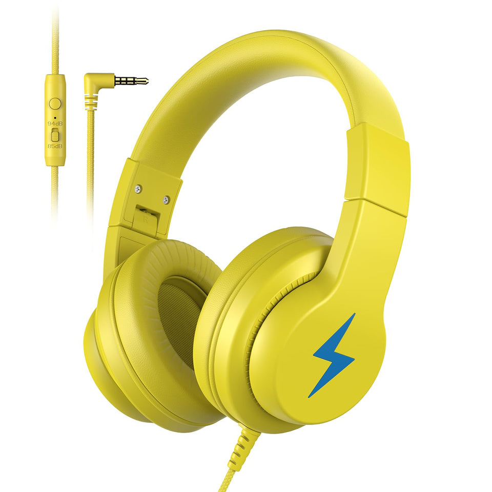 Candy Bila Kids Headphones yellow folded for easy carrying and travel.