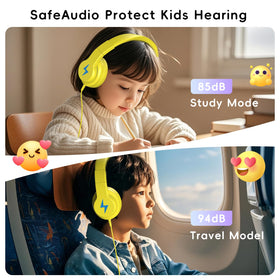 Candy Bila Kids Headphones yellow on child, ideal for portable learning.