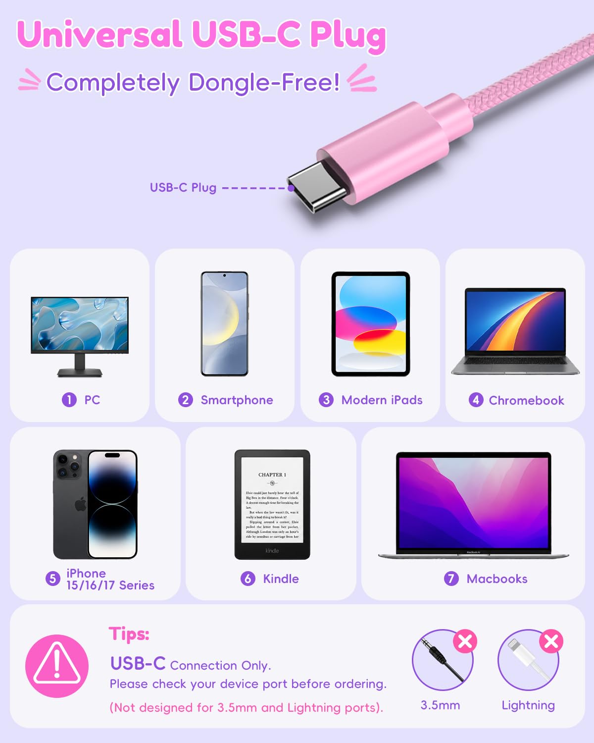 Candy Bila USB-C kids headphones rose pink durable nylon-braided cable resists tangles