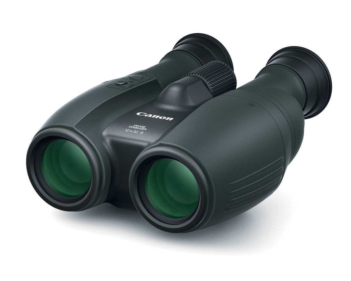 Canon 12x32 image-stabilizing binoculars front view showing stabilized viewing for birds and sports.