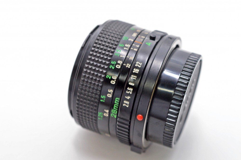 Canon SLR with 28mm f/2.8 FD lens mounted for a test shot