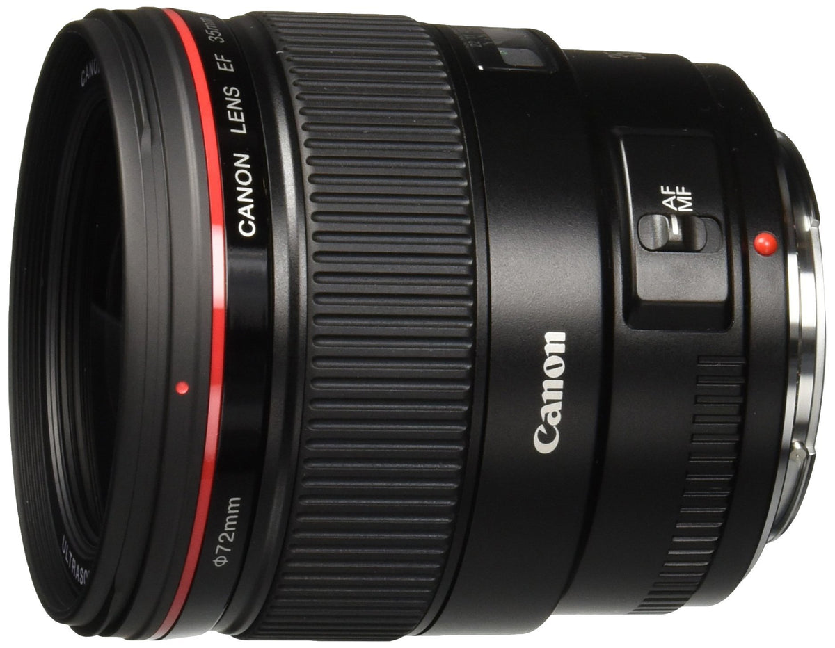 Canon 35mm f/1.4 L front view highlights sturdy build and bright aperture for low-light shots.