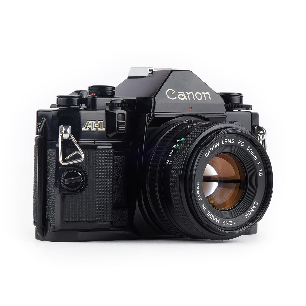 Canon A-1 with 50mm f/1.8 lens front view highlighting sharpness