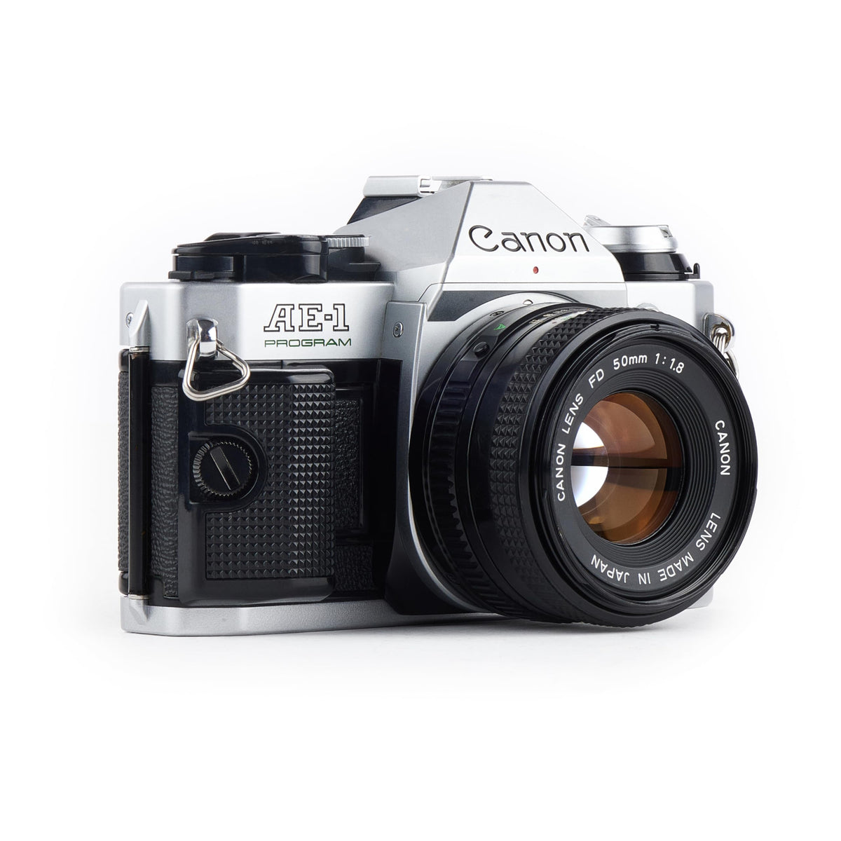 Canon AE-1 Program side view highlights sturdy build for long-lasting use.
