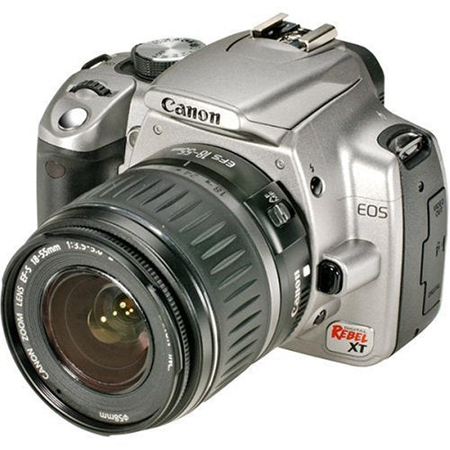 Canon Digital Rebel XT silver front view, ideal entry-level DSLR for learning photography