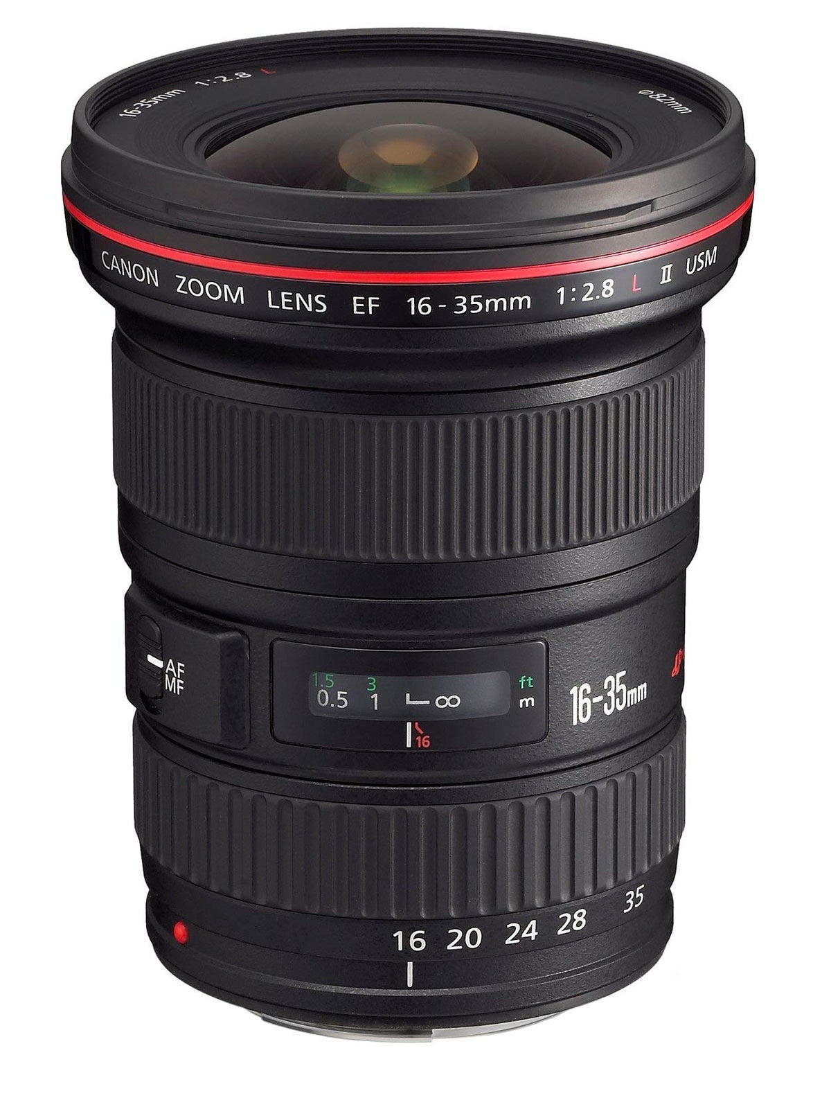 Canon EF 16-35mm zoom lens renewed packaging display indicating Renewed status.