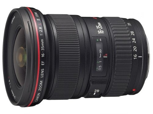 Canon EF 16-35mm zoom lens side profile showing wide perspective potential.
