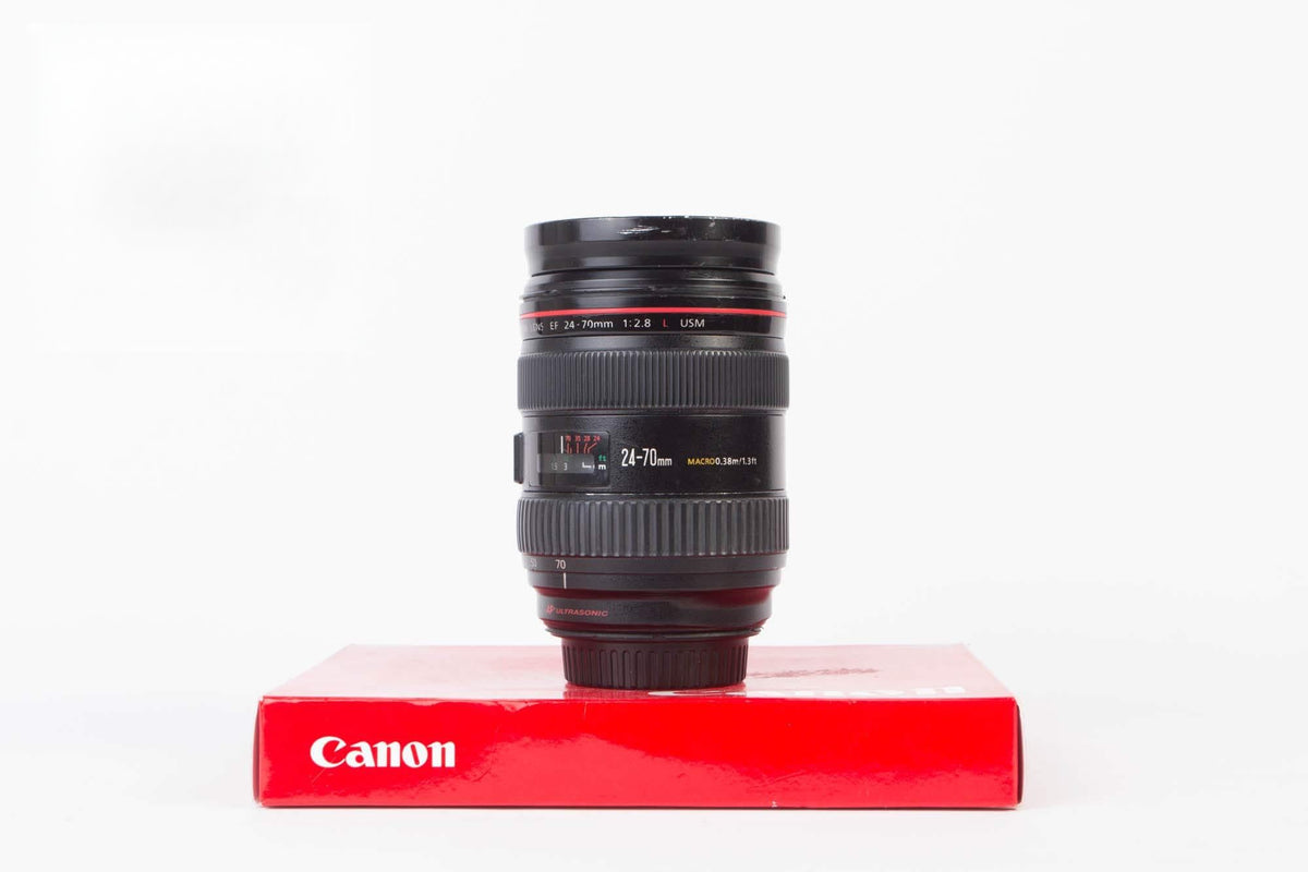 Canon EF 24-70mm f/2.8L USM lens front view, versatile for portraits and events