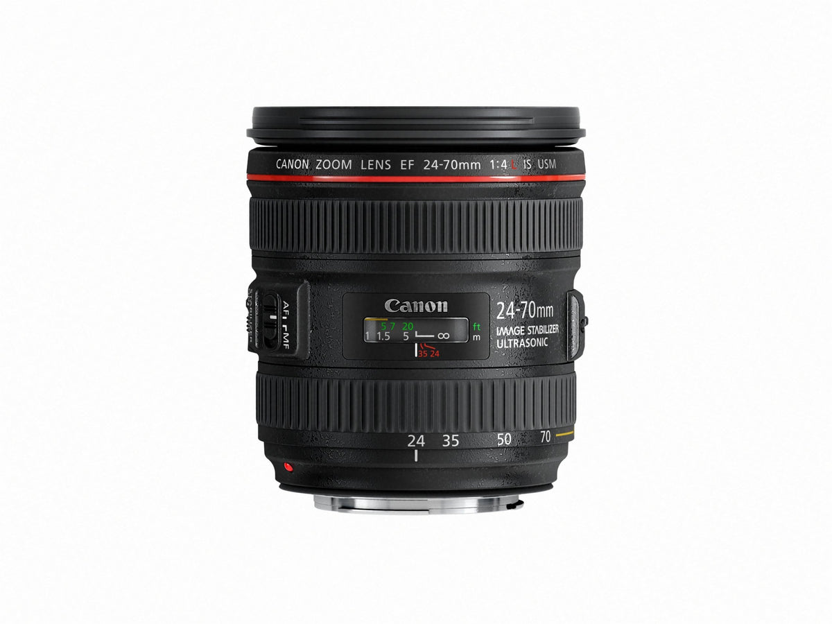 Canon EF 24-70mm f/4L IS USM front view showing compact L-series design for travel