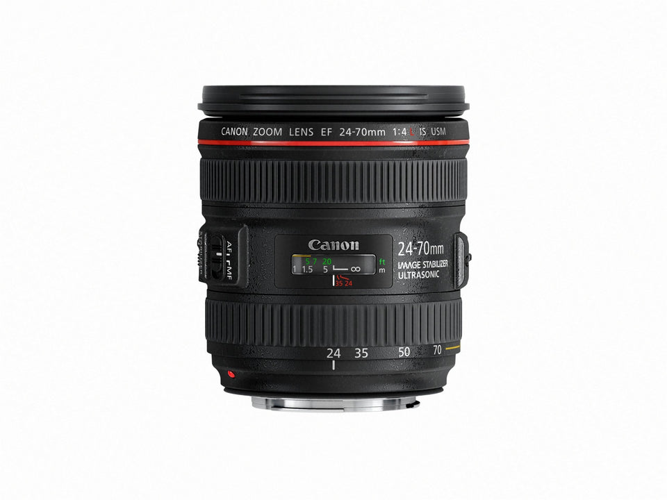 Canon EF 24-70mm f/4L IS USM front view showing compact L-series design for travel