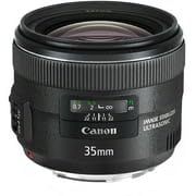 Canon EF 35mm f/2 IS USM lens, compact design in hand.
