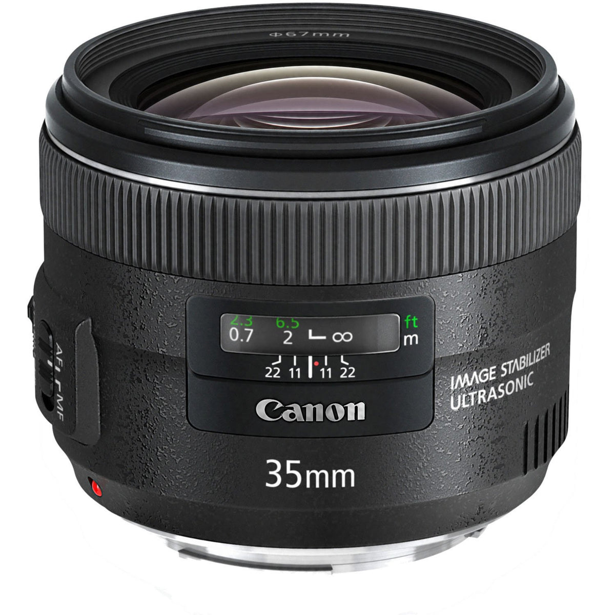 Canon EF 35mm f/2 IS USM lens, front view, compact for street photography.