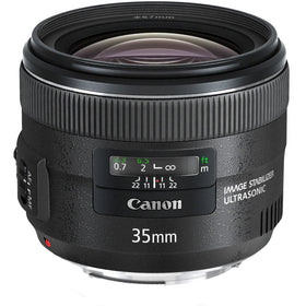 Canon EF 35mm f/2 IS USM lens, front view, compact for street photography.