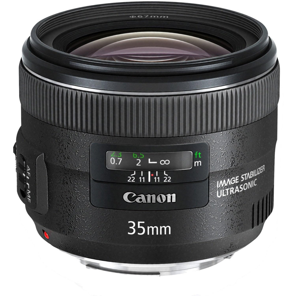 Canon EF 35mm f/2 IS USM lens in use in low-light conditions.
