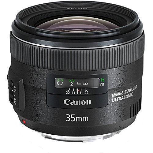 Canon EF 35mm f/2 IS USM lens, rear focus close-up, stable construction.