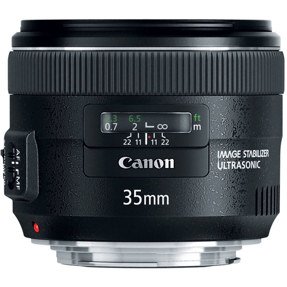 Canon EF 35mm f/2 IS USM lens, side profile, lightweight for travel.