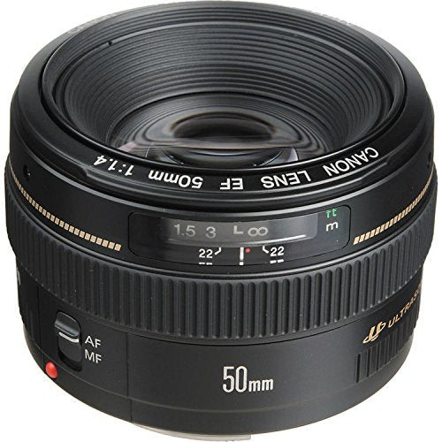 Canon EF 50mm f/1.4 USM lens USM motor label highlights fast, silent autofocus