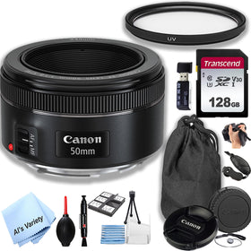 Canon EF 50mm f/1.8 STM lens front element close-up for sharp low-light portraits.