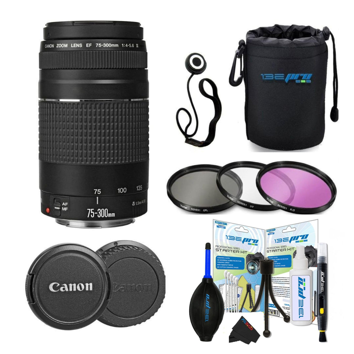 Canon EF 75-300mm III lens angled front view, versatile telephoto for travel and events.